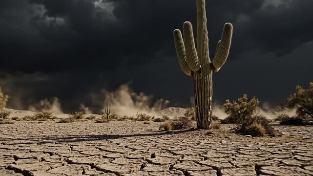 Saguaro Cactus in Desert Storm Landscape