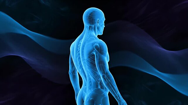 A glowing blue wireframe representation of a human body stands against a dark, swirling background, highlighting anatomical structure and medical visualization.