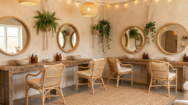 Boho chic beauty room with natural materials, hanging plants, rattan chairs, and round mirrors for makeup stations.