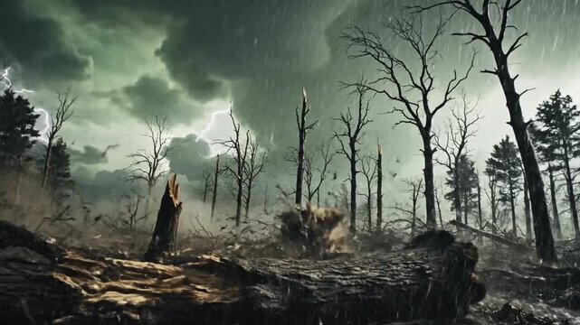 Fallen Tree in Stormy Forest After Disaster