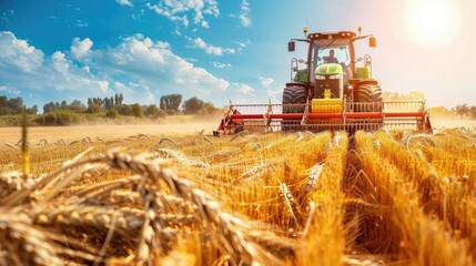 Fototapeta premium Harvester cutting Khorasan wheat in rural field under sky