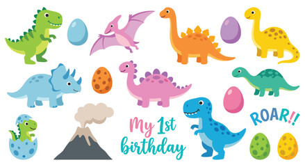 Collection for a baby's first birthday with a dinosaur theme. Features cute dinosaurs, eggs, volcano, and text. Perfect for party invitations and decorations. © SADIKUR