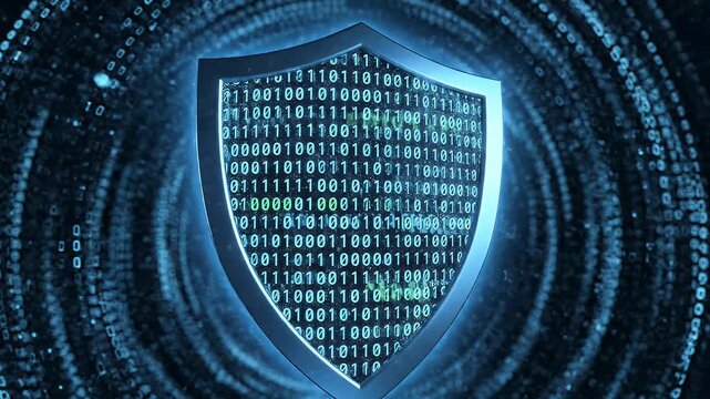A glowing blue shield is centered within a swirling vortex of binary code, representing digital security.