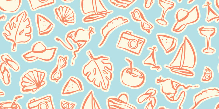 Summer vacation seamless pattern. Hand drawn beach icons doodle. Sun hat, surfboard, camera, cocktail, tropical leaf, seashell, swimsuit, flip flops in line art. Blue background. Vector illustration.