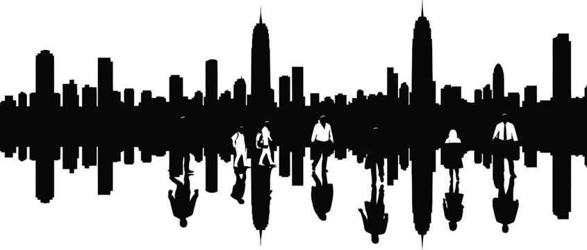 Silhouette of people walking in front of a city skyline with water reflection, black vector illustration of an urban cityscape horizon isolated on white.