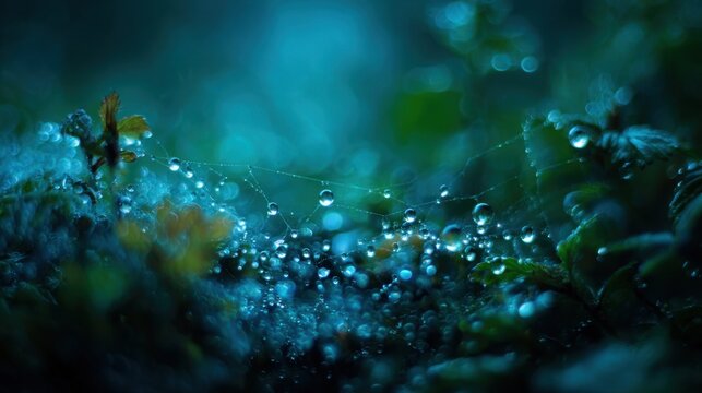 Intricate spiderweb adorned with frozen dewdrops creating miniature crystalline structures in a cool, natural environment