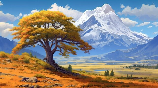 Serene mountainscape featuring a golden tree against a snowy peak