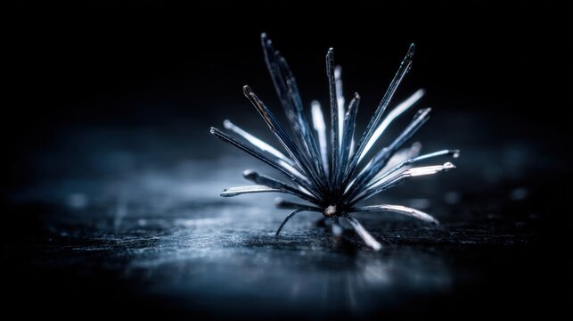 Delicate Spray of Metallic Stibnite Crystals in Dark Geological Setting
