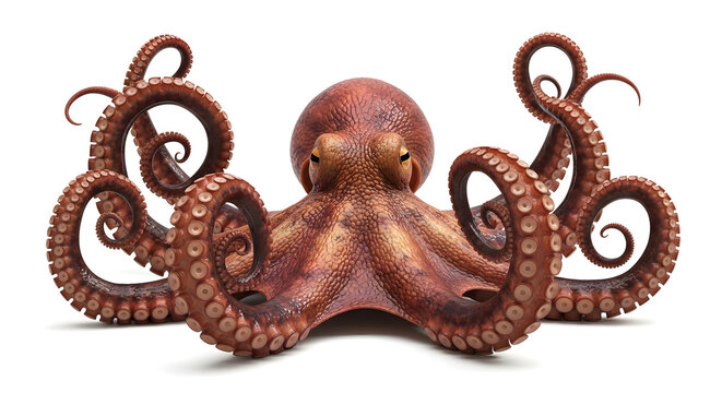 Brown octopus with eight curled tentacles and suckers on white background transparent background