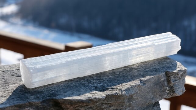 A delicate selenite wand with milky white translucence rests on a textured stone surface in natural outdoor light