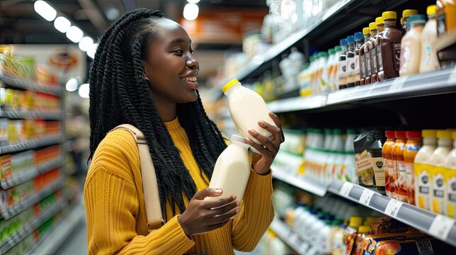 Customer with cornrows smiles while holding yellow milk bottle in retail store