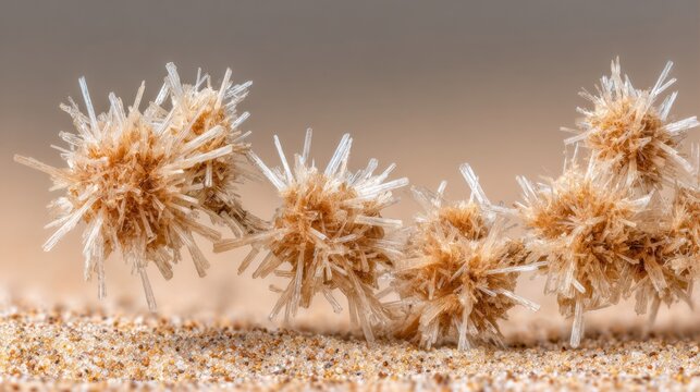 Delicate spray of aragonite crystals with needle-like formations resting on a textured surface