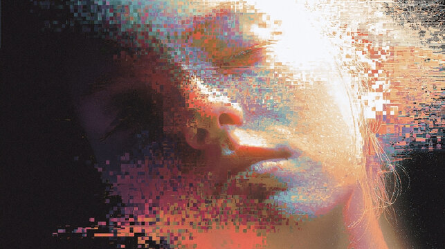 Glitch Portrait &ndash; Woman's Face Fragmenting into Digital Pixels with Dramatic Dark Background