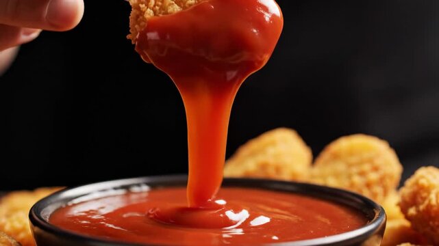 Close up of a hand dipping a crispy golden chicken nugget into a bowl of red tomato ketchup sauce.