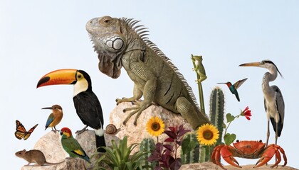 Fototapeta premium A diverse group of animals, including a toucan, iguana, heron, crab, frog, hummingbird, butterfly, and various plants, gathered on rocks against a plain background.