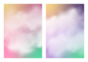 Naklejka premium Abstract summer poster templates. Vibrant rainbow multicolor background with white clouds and soft steam. Set of 2 A4 layouts with copy space for text, gradient design for social media, banner, cover.