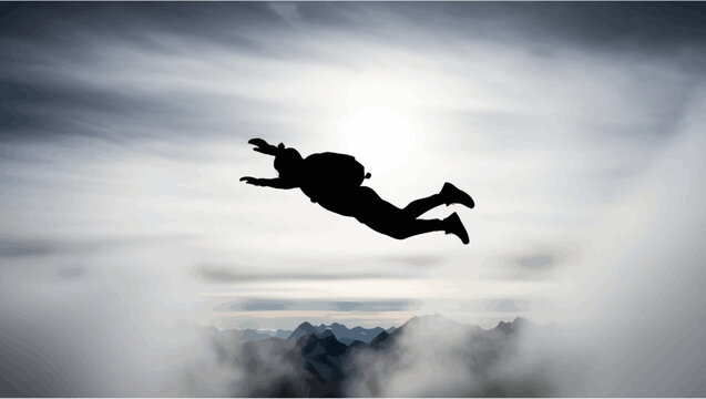 Skydiver silhouette freefalling above misty mountains, dramatic sky, extreme sports adventure