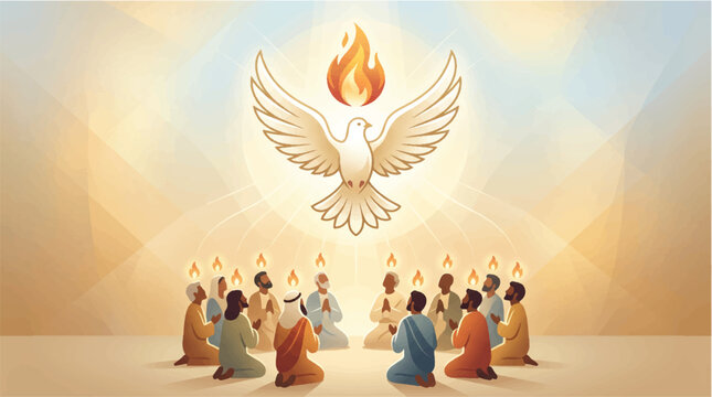 Christian pentecost illustration featuring the holy spirit dove descending with tongues of fire above a diverse group of devout apostles kneeling in prayer within a soft radiant golden atmosphere