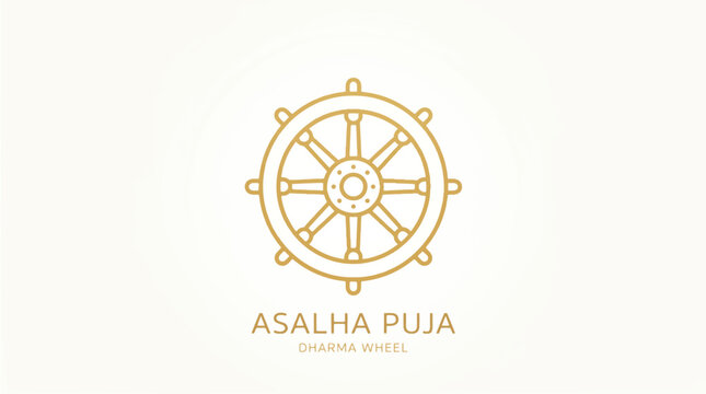 Buddhist dharma wheel illustration asalha puja symbol golden gradient white background religious icon