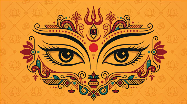 Traditional indian durga goddess face close up with ornate patterns and symbols on yellow background
