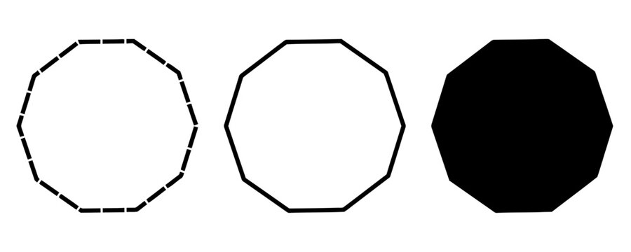Set of Three Decagon Geometric Shapes in Dashed, Outline, and Solid Styles