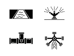 Fototapeta premium Essential icons depicting various water management and agricultural irrigation systems, including canals, sprinklers, plumbing pipes, and rotary pivot technology for efficient water distribution