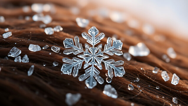 Magical Winter Concept Featuring Fragile Snowflake On Warm Hair Surface