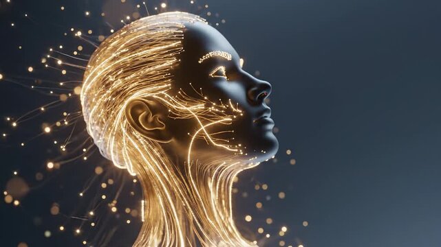 Artificial intelligence concept with a human profile featuring glowing neural networks and digital fiber optics.