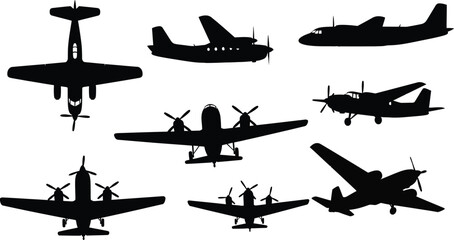 Vintage propeller airplane silhouette set, featuring classic twin-engine planes and light aircraft in various flight angles © Only