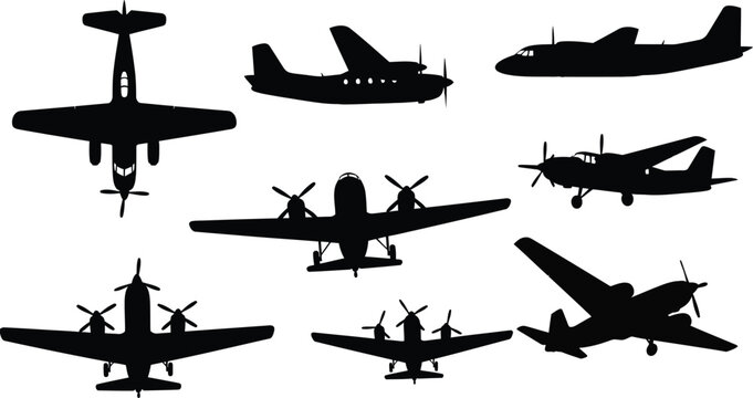 Vintage propeller airplane silhouette set, featuring classic twin-engine planes and light aircraft in various flight angles