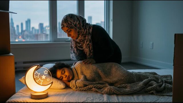 Iranian woman tucking in daughter in bedroom. Mother covering sleeping child with blanket. Night light lamp, city view background, home care, family bonding time.