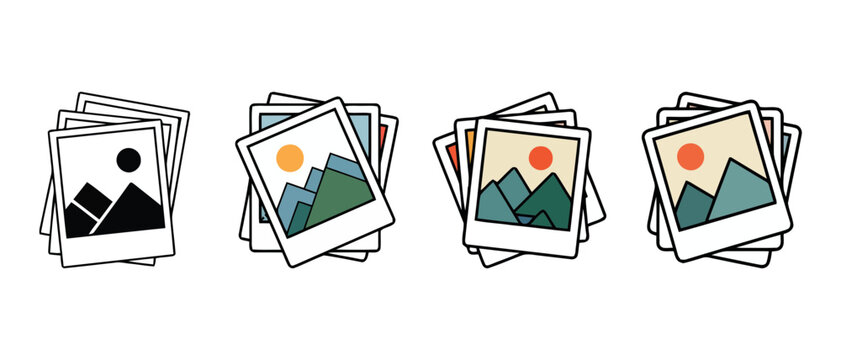 Set of Stacked Polaroid Photo Icons with Mountain Landscape Illustrations