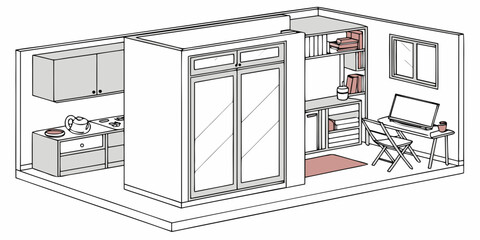 Minimalist line art illustration of a modern apartment studio interior layout with apartment interior bookshelf wardrobe furniture computer minimalist lifestyle illustration functional © AF