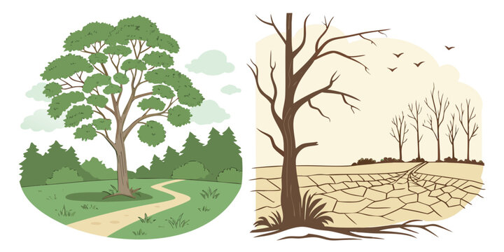 Climate change concept comparison healthy forest versus drought land with environment conservation deforestation landscape protection resource desertification scarcity ecosystem environmental