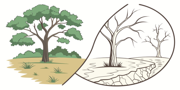 Ecological contrast featuring living tree forest and cracked drought soil environment deforestation landscape protection resource desertification scarcity ecosystem environmental degraded