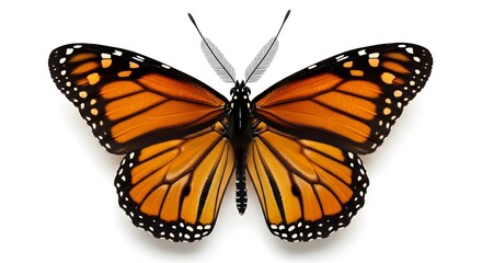 Obraz premium Single Monarch Butterfly with Open Wings Top View Isolated on White Background - Danaus Plexippus Species for Nature, Biology, and Transformation Concept