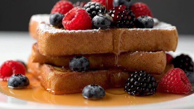 French toast with berries and syrup.