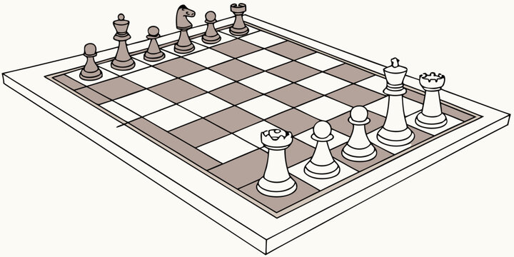Isometric chess board with lined pieces in starting position on a white background strategy isometric checkmate competition tactical intellectual challenge thinking planning boardgame