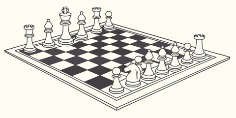 Line art isometric chess board with pieces ready for a match isometric strategy competition checkmate intelligence challenge thinking planning boardgame illustration activity entertainment © AF
