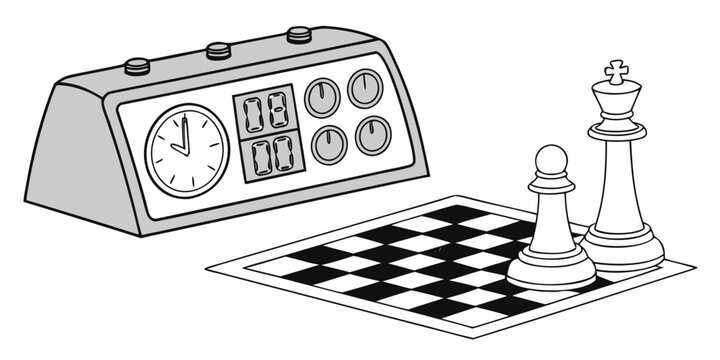 Chess board with pieces and analog timer strategy competition tournament checkmate intellectual analysis challenge training thinking decision illustration equipment activity entertainmen