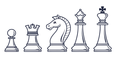 Chess game pieces pawn rook knight queen and king line art with strategy competition intellect challenge leadership thinking minimalist collection boardgame isolated illustration checkmate © AF