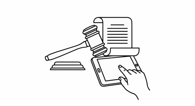 Judge's gavel and scroll beside tablet with finger touching screen