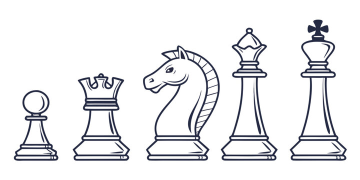 Chess game pieces pawn rook knight queen and king line art with strategy competition intellect challenge leadership thinking minimalist collection boardgame isolated illustration checkmate