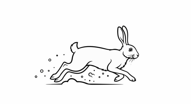A black and white illustration of a rabbit in mid-leap, kicking up dust and small circles