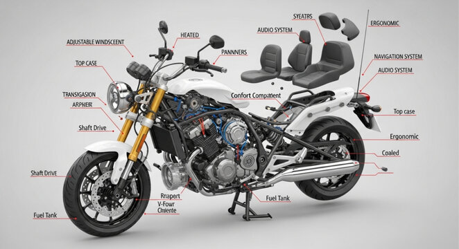 Detailed Diagram of a Motorcycle Engine and Components.