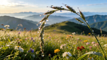 Obraz premium Dew-covered grass in mountain meadow at sunrise
