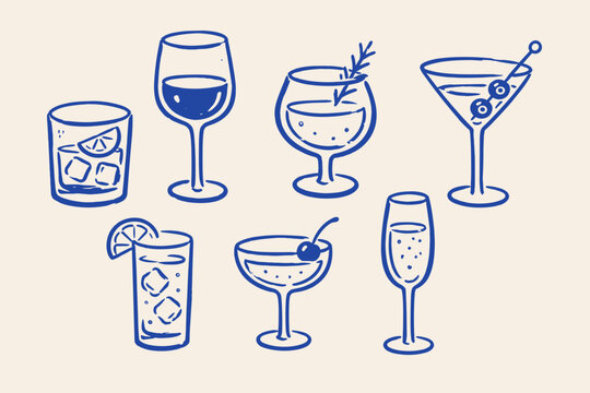 Hand Drawn Cocktail and Beverage Glass Icon Set Minimal Vector Illustration