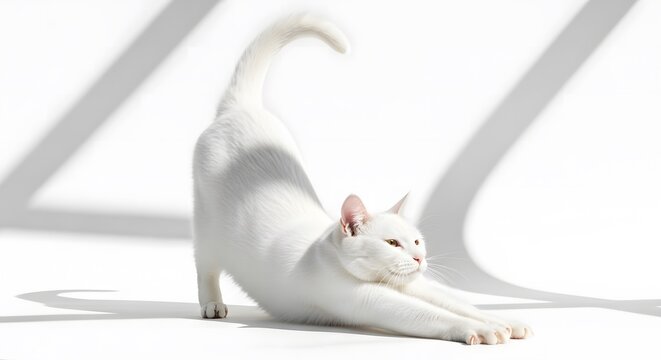 White cat stretching on floor with shadow in background  cat in downward dog position