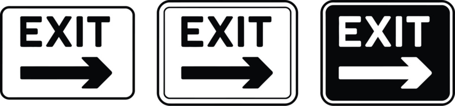 Exit signs icon set, right pointing arrow symbols on white background representing emergency exit direction safety signage and navigation guidance.