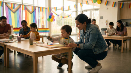 Fototapeta premium Child at a Pride Month craft station painting a rainbow canvas at a community center table, parent crouching beside to assist, other familie